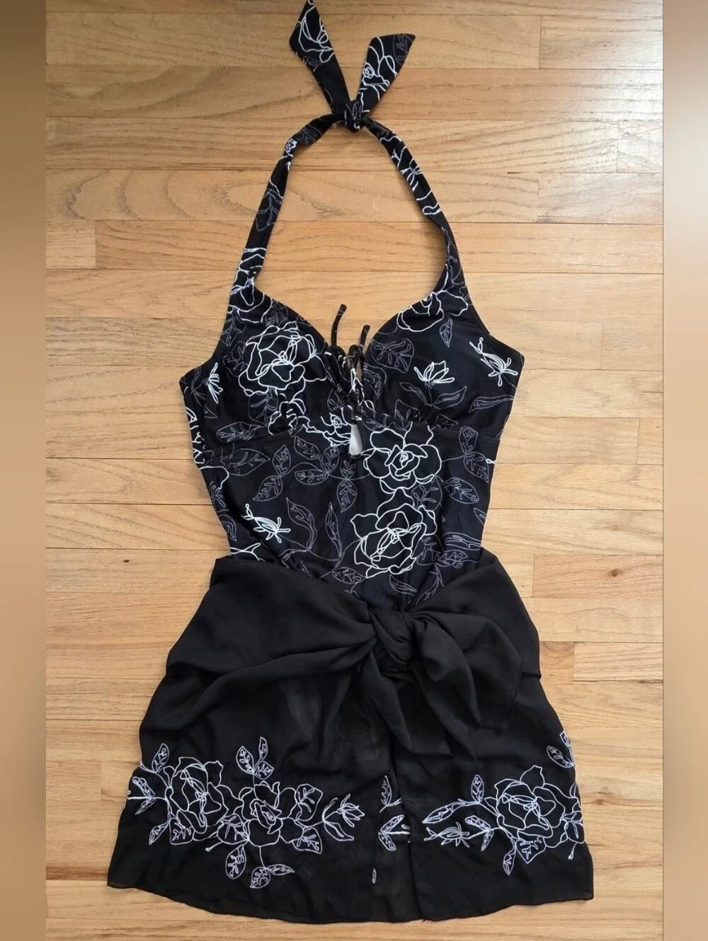 Black Floral One-Piece Swimsuit with Matching Sarong